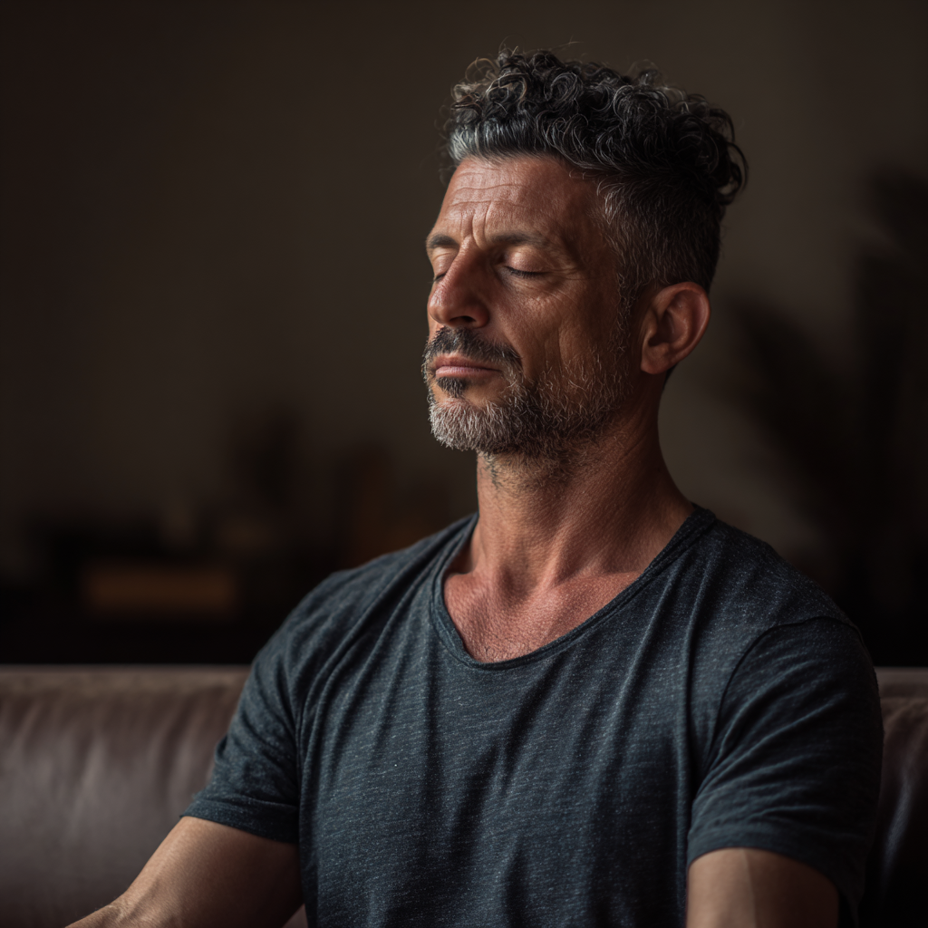 Romanian woman in her thirties practicing gentle yoga poses in a serene studio with natural lighting, smiling peacefully while stretching