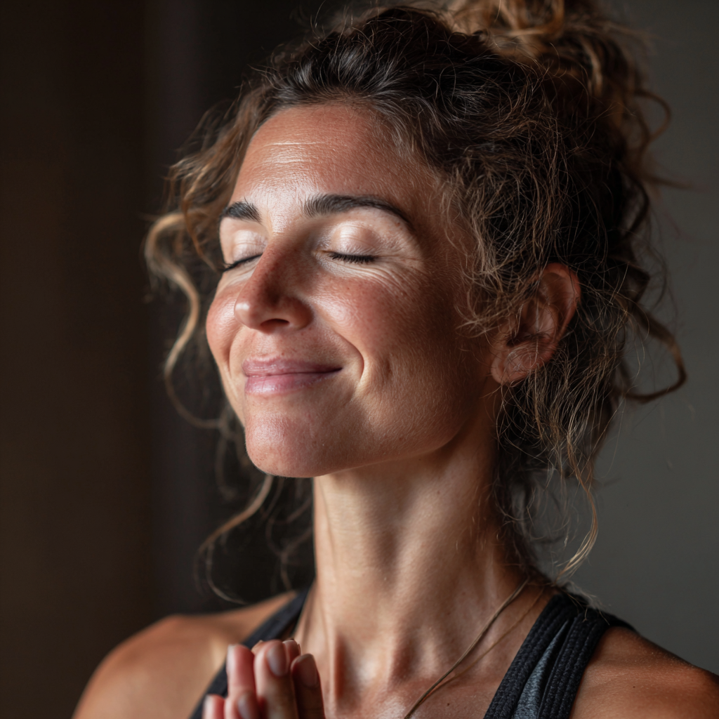 Romanian man in his forties performing controlled yoga movements in a bright, minimalist space, showing focused concentration and gentle stretching