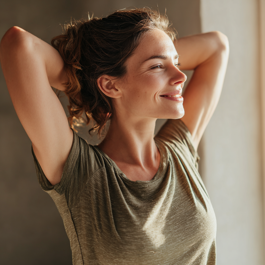 Romanian woman in her sixties practicing modified yoga poses adapted for mature adults, demonstrating grace and mindful movement with a gentle smile